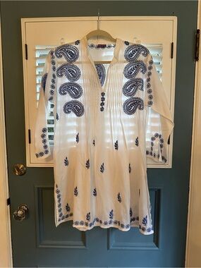 Sevya Handmade L White & Blue Beautifully Hand Embroidered Women's Tunic